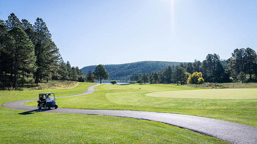 An E-Z-GO golf cart driving down a winding path.